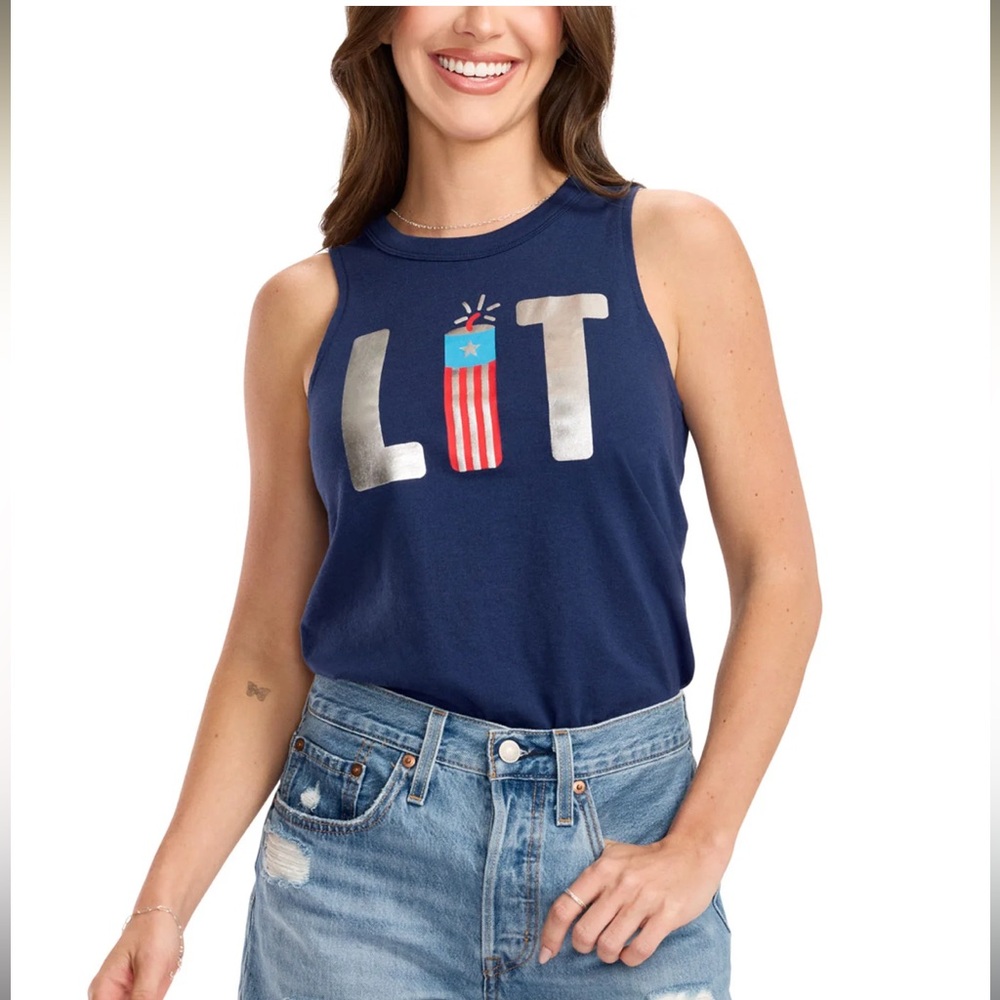 Tipsey Elves Blue Fourth of July lit Sleeveless Tee tank top large nwt